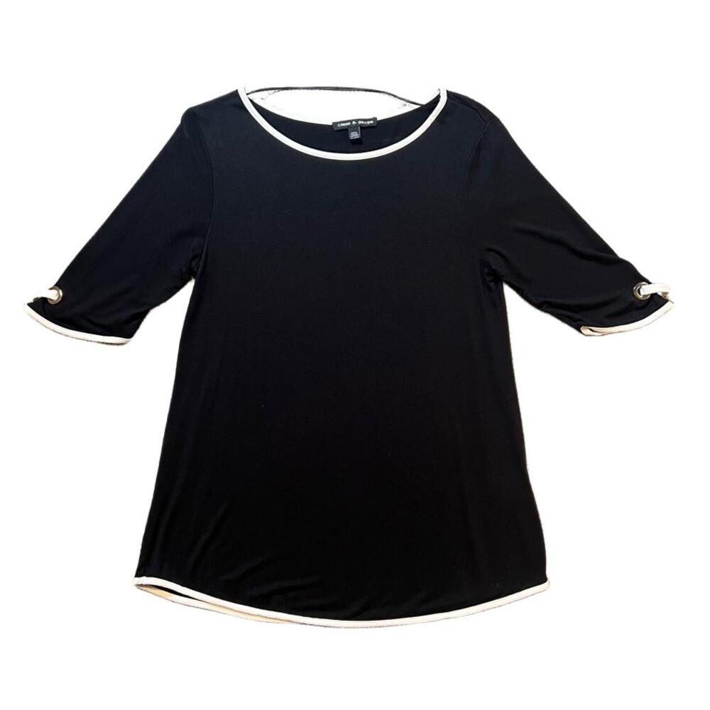 Cable And Gauge Top Womens Medium Black White Tunic 3/4 Sleeve Grommet Modern